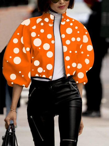 Women’s Cropped Coat – Relaxed Fit – Polka Dot – Puff Sleeves – High Collar – Zip Front