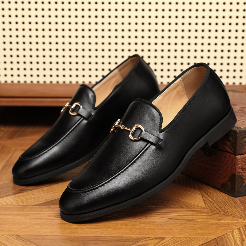 Men’s Loafers - Leather - Slip-On - Gold Horse-Bit Hardware - Apron Toe