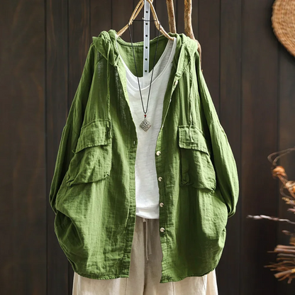 Women’s Hooded Button-Up Shirt – Oversized Fit – Breathable Cotton – Front Pockets