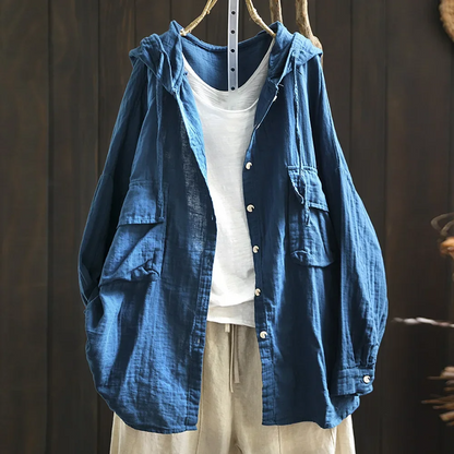 Women’s Hooded Button-Up Shirt – Oversized Fit – Breathable Cotton – Front Pockets