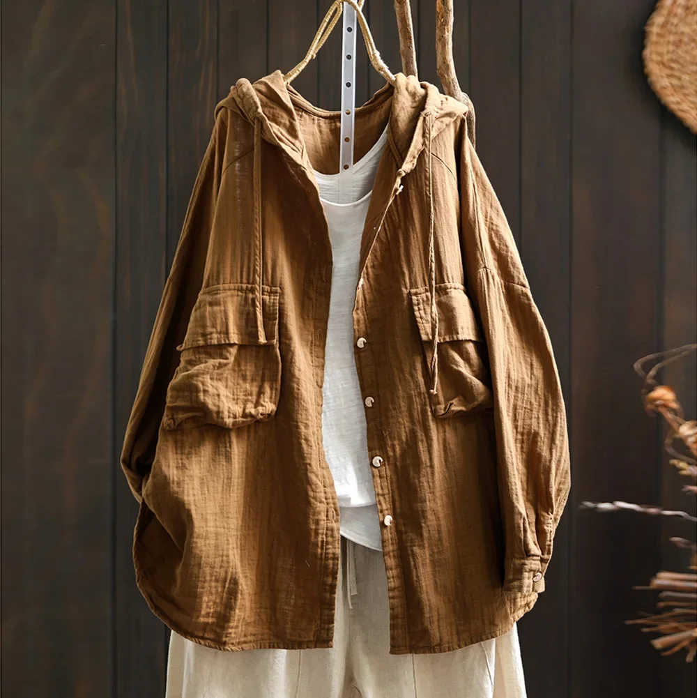 Women’s Hooded Button-Up Shirt – Oversized Fit – Breathable Cotton – Front Pockets