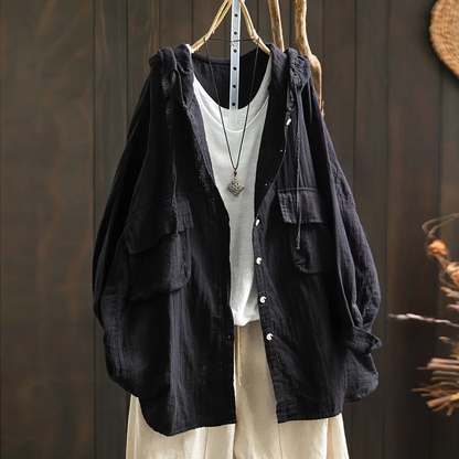 Women’s Hooded Button-Up Shirt – Oversized Fit – Breathable Cotton – Front Pockets
