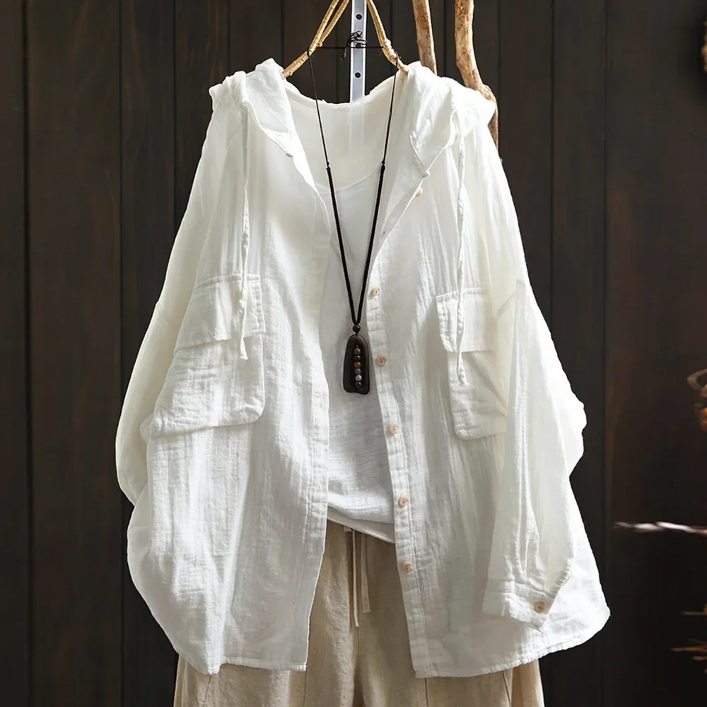 Women’s Hooded Button-Up Shirt – Oversized Fit – Breathable Cotton – Front Pockets
