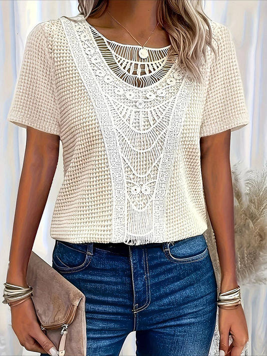 Women’s Short Sleeve T-Shirt – Relaxed Fit – Textured Knit with Openwork Detailing
