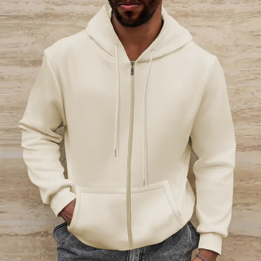 Men’s Full-Zip Hoodie – Waffle Knit – Relaxed Fit – Drawstring Hood – Kangaroo Pockets