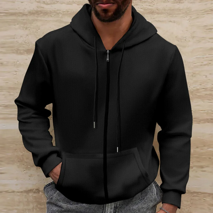 Men’s Full-Zip Hoodie – Waffle Knit – Relaxed Fit – Drawstring Hood – Kangaroo Pockets