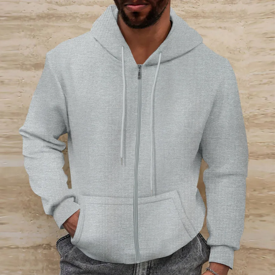 Men’s Full-Zip Hoodie – Waffle Knit – Relaxed Fit – Drawstring Hood – Kangaroo Pockets