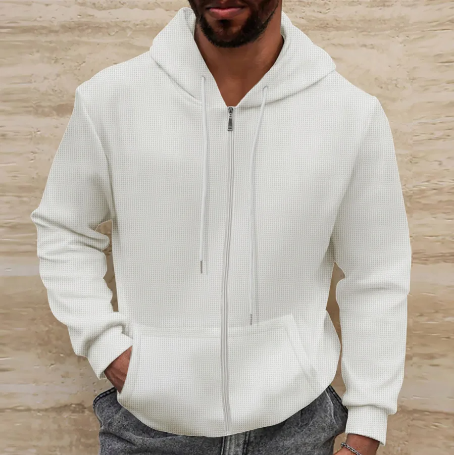 Men’s Full-Zip Hoodie – Waffle Knit – Relaxed Fit – Drawstring Hood – Kangaroo Pockets