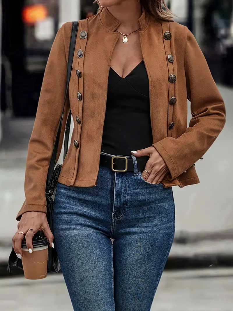 Women’s Cropped Jacket – Slim Fit – Double-Breasted – Mandarin Collar – Wool Blend