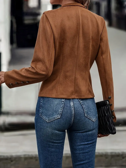 Women’s Cropped Jacket – Slim Fit – Double-Breasted – Mandarin Collar – Wool Blend