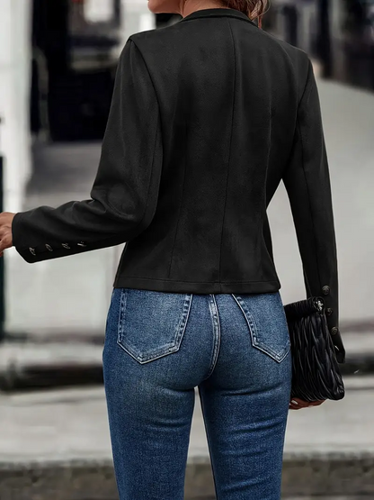 Women’s Cropped Jacket – Slim Fit – Double-Breasted – Mandarin Collar – Wool Blend