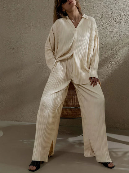 Women’s Tunic-Length Shirt - Knit - V-Neck - Button Front - Wide-Leg Pants Set - Knit