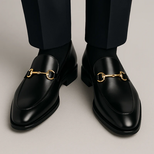 Men’s Loafers - Leather - Slip-On - Gold Horse-Bit Hardware - Apron Toe
