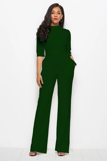 Women’s Full-Length Wide-Leg Jumpsuit - Stretch Fabric - Stand Collar - Waist Tie