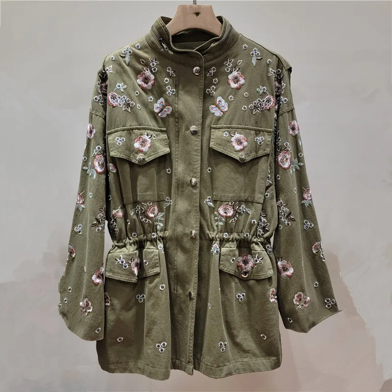 Women’s Trench Coat – Floral Embroidery – Stand Collar – Drawstring Waist – Relaxed Fit