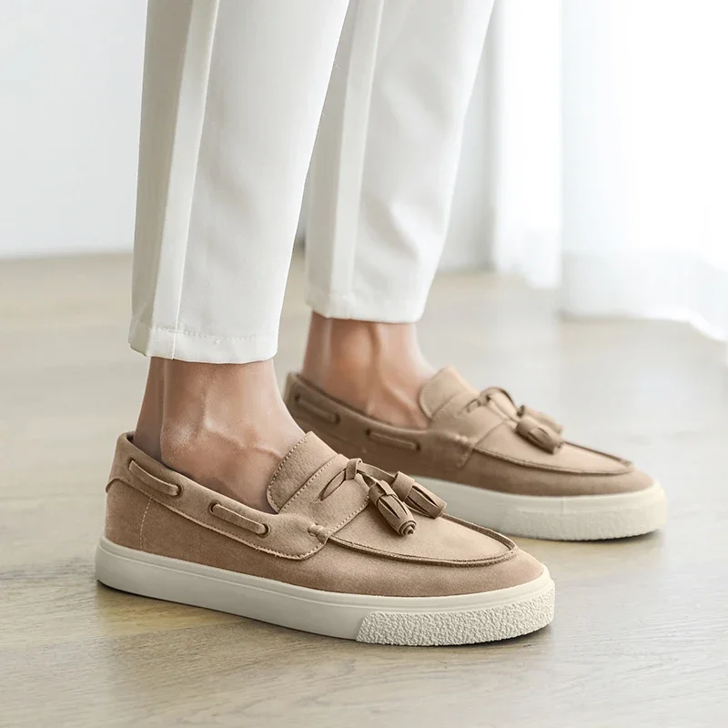 Men’s Loafers Slip-On - Suede Leather - Tassel Detail - Moc-Toe Stitching