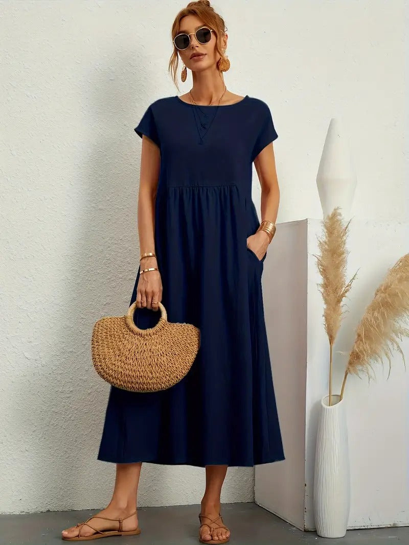Women's Maxi Dress - Short Sleeve A-Line - Crew Neck Loose Fit - Flowy Casual Wear