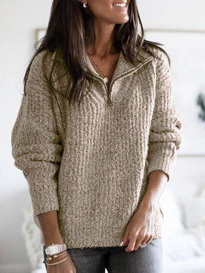 Isla Ribbed Relaxed Fit Zip-Up Sweater | Solid Long Sleeve Sweater