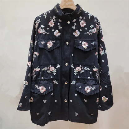 Women’s Trench Coat – Floral Embroidery – Stand Collar – Drawstring Waist – Relaxed Fit