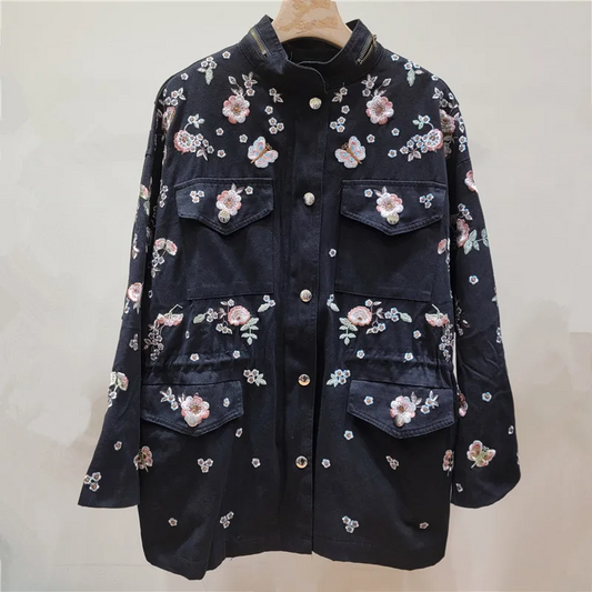 Women’s Trench Coat – Floral Embroidery – Stand Collar – Drawstring Waist – Relaxed Fit