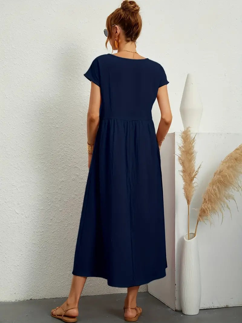 Women's Maxi Dress - Short Sleeve A-Line - Crew Neck Loose Fit - Flowy Casual Wear