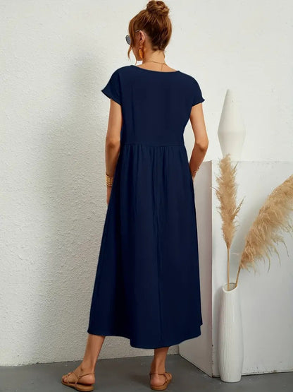 Women's Maxi Dress - Short Sleeve A-Line - Crew Neck Loose Fit - Flowy Casual Wear