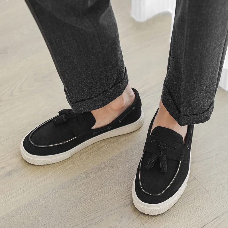 Men’s Loafers Slip-On - Suede Leather - Tassel Detail - Moc-Toe Stitching