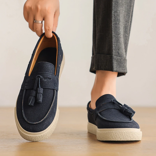 Men’s Loafers Slip-On - Suede Leather - Tassel Detail - Moc-Toe Stitching