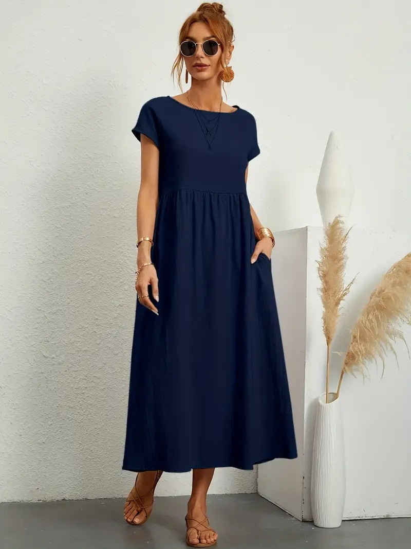 Women's Maxi Dress - Short Sleeve A-Line - Crew Neck Loose Fit - Flowy Casual Wear