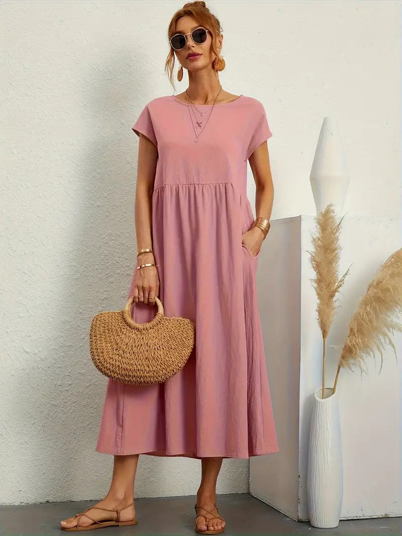 Women's Maxi Dress - Short Sleeve A-Line - Crew Neck Loose Fit - Flowy Casual Wear