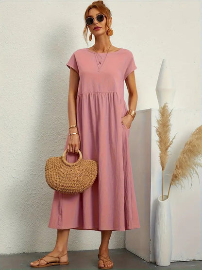 Women's Maxi Dress - Short Sleeve A-Line - Crew Neck Loose Fit - Flowy Casual Wear