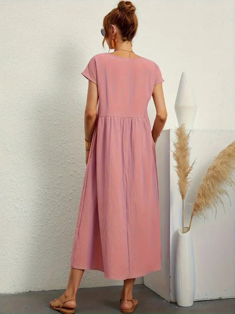 Women's Maxi Dress - Short Sleeve A-Line - Crew Neck Loose Fit - Flowy Casual Wear