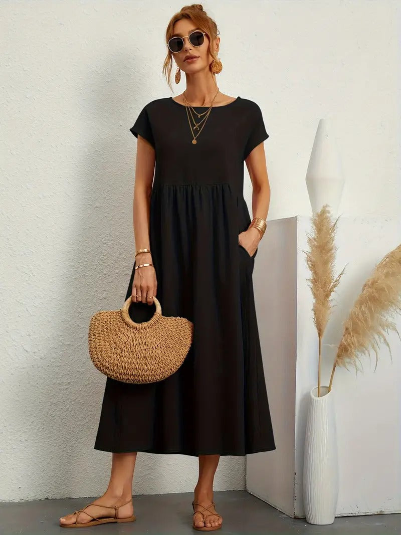 Women's Maxi Dress - Short Sleeve A-Line - Crew Neck Loose Fit - Flowy Casual Wear
