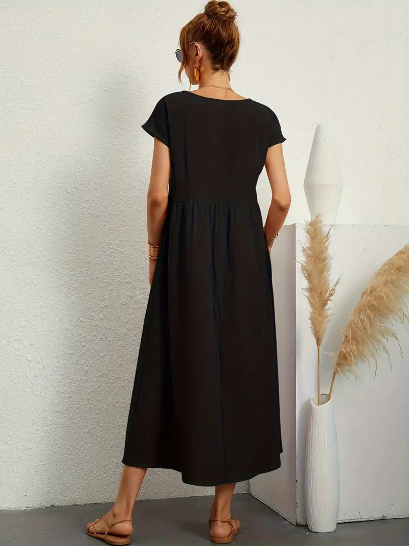 Women's Maxi Dress - Short Sleeve A-Line - Crew Neck Loose Fit - Flowy Casual Wear