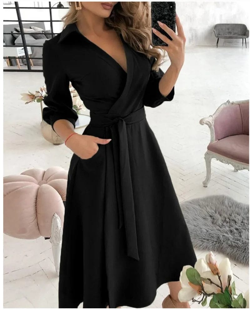 Women's Wrap Dress - V-Neck - Long Sleeve - Adjustable Waist Tie - Butterfly Print