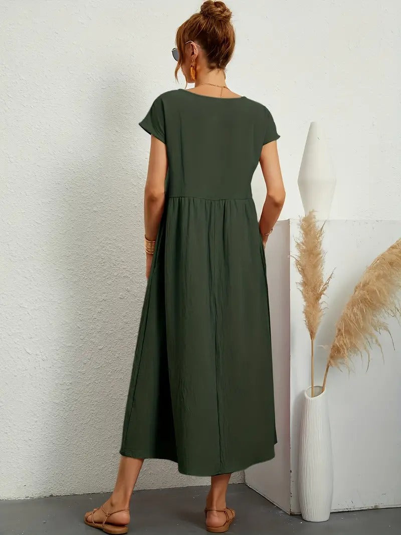 Women's Maxi Dress - Short Sleeve A-Line - Crew Neck Loose Fit - Flowy Casual Wear