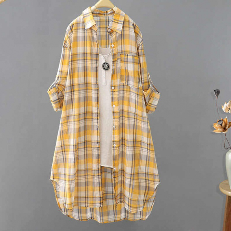 Women’s Midi Dress – Loose Fit – Cotton – Plaid Button Down – Shirt Collar