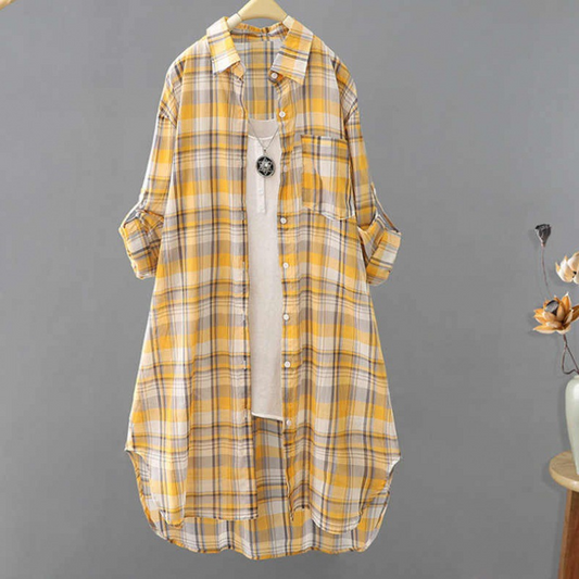 Women’s Midi Dress – Loose Fit – Cotton – Plaid Button Down – Shirt Collar