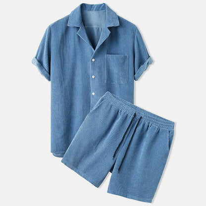 Men’s Shirt and Shorts Set – Relaxed Fit – Breathable Blend – Textured Casual Wear