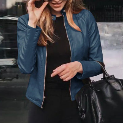 Women’s Jacket – Faux Leather – Slim Fit – Cropped Length – Zip-Up Front – Stand Collar