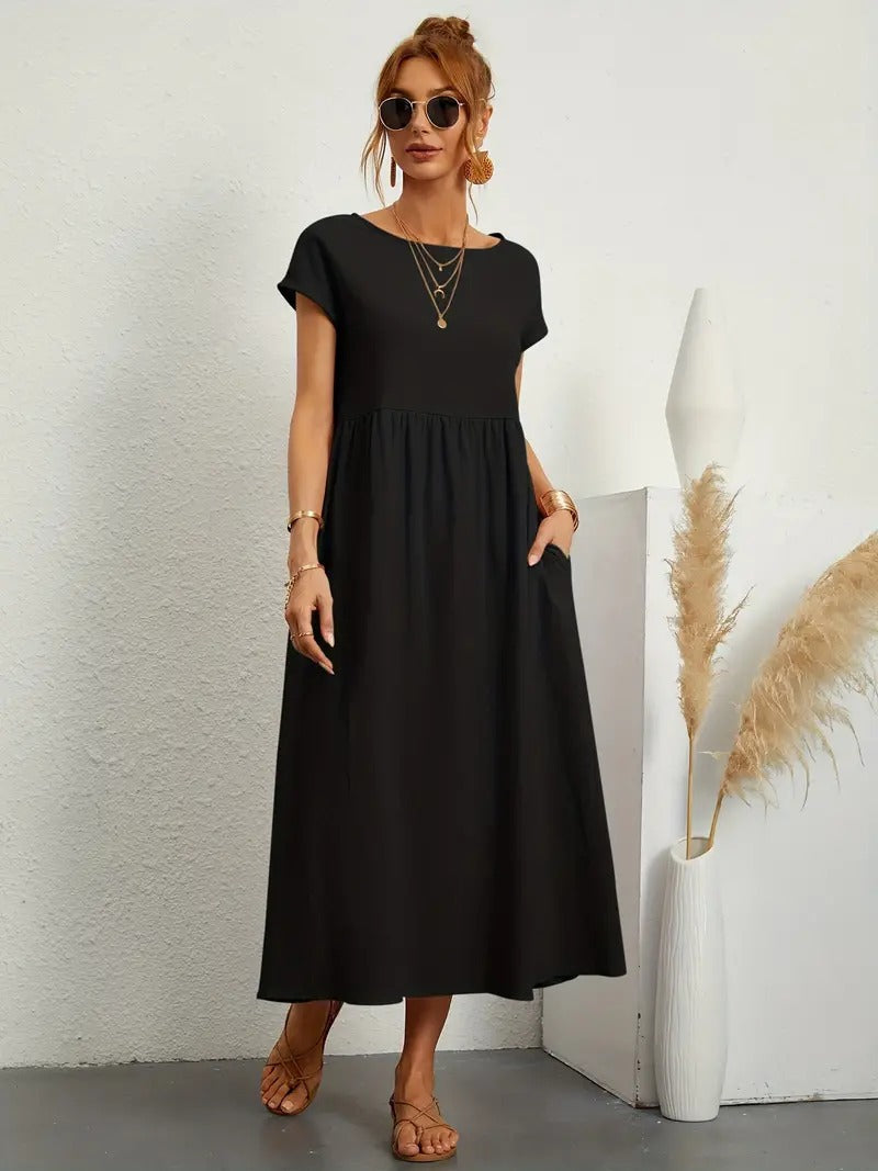 Women's Maxi Dress - Short Sleeve A-Line - Crew Neck Loose Fit - Flowy Casual Wear