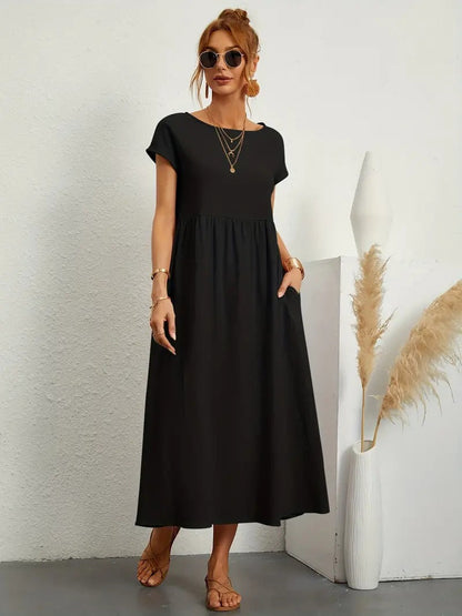Women's Maxi Dress - Short Sleeve A-Line - Crew Neck Loose Fit - Flowy Casual Wear