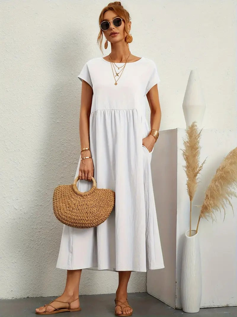 Women's Maxi Dress - Short Sleeve A-Line - Crew Neck Loose Fit - Flowy Casual Wear