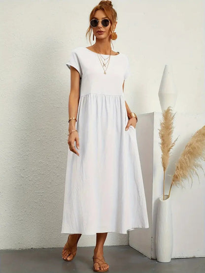 Women's Maxi Dress - Short Sleeve A-Line - Crew Neck Loose Fit - Flowy Casual Wear