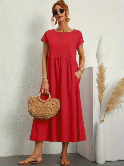 Women's Maxi Dress - Short Sleeve A-Line - Crew Neck Loose Fit - Flowy Casual Wear