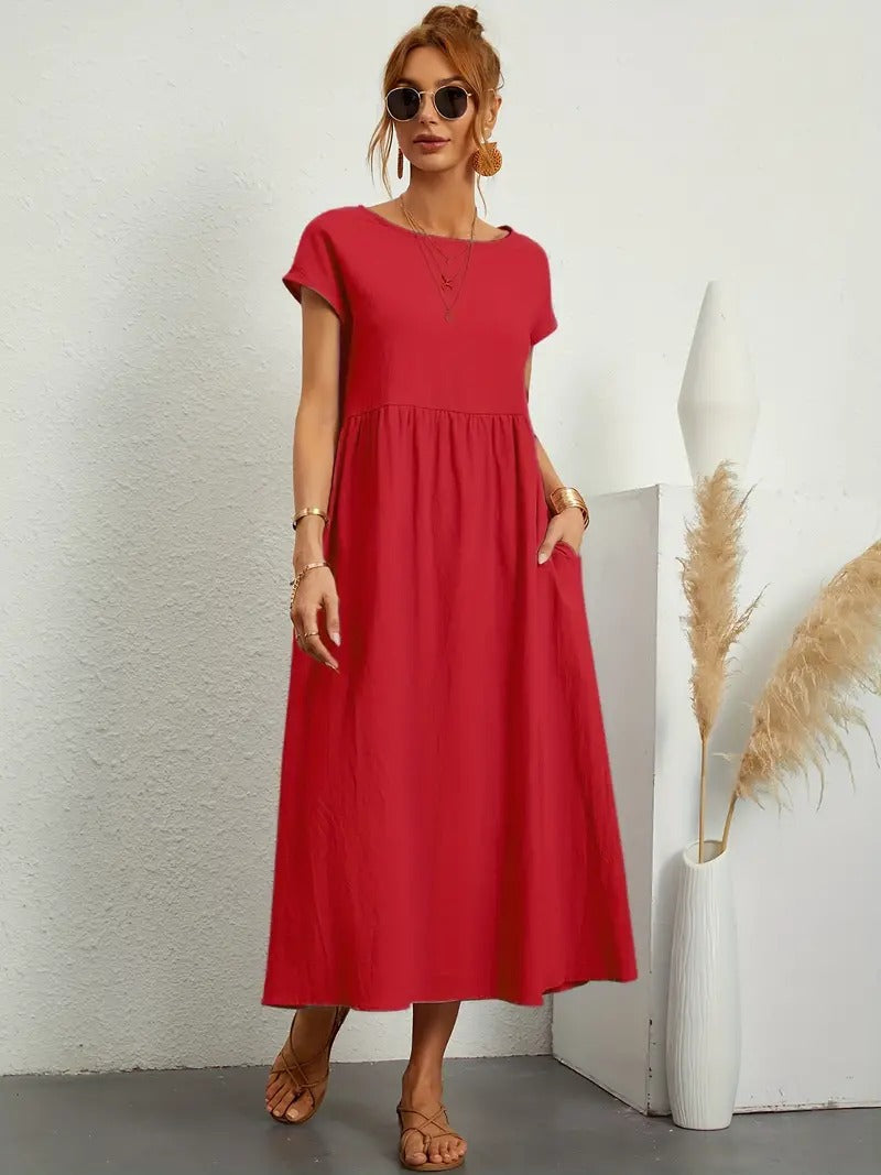 Women's Maxi Dress - Short Sleeve A-Line - Crew Neck Loose Fit - Flowy Casual Wear