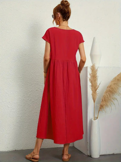 Women's Maxi Dress - Short Sleeve A-Line - Crew Neck Loose Fit - Flowy Casual Wear