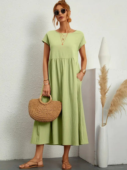 Women's Maxi Dress - Short Sleeve A-Line - Crew Neck Loose Fit - Flowy Casual Wear