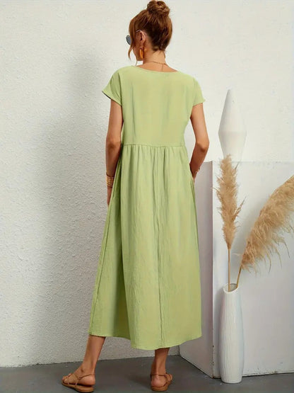 Women's Maxi Dress - Short Sleeve A-Line - Crew Neck Loose Fit - Flowy Casual Wear