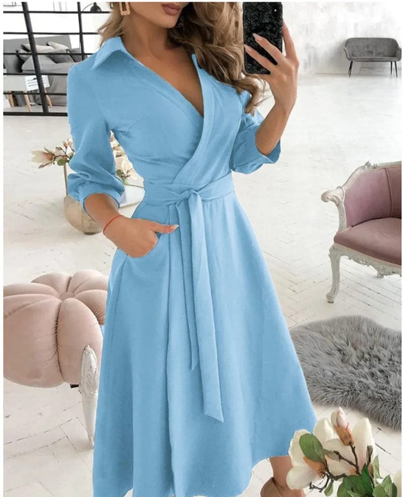 Women's Wrap Dress - V-Neck - Long Sleeve - Adjustable Waist Tie - Butterfly Print
